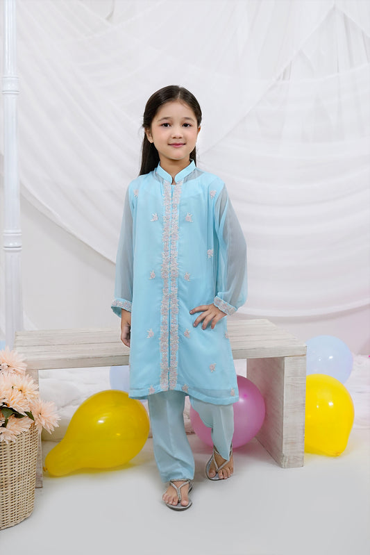 Chambray Blue Embroidered Chiffon Shirt & Trouser Set