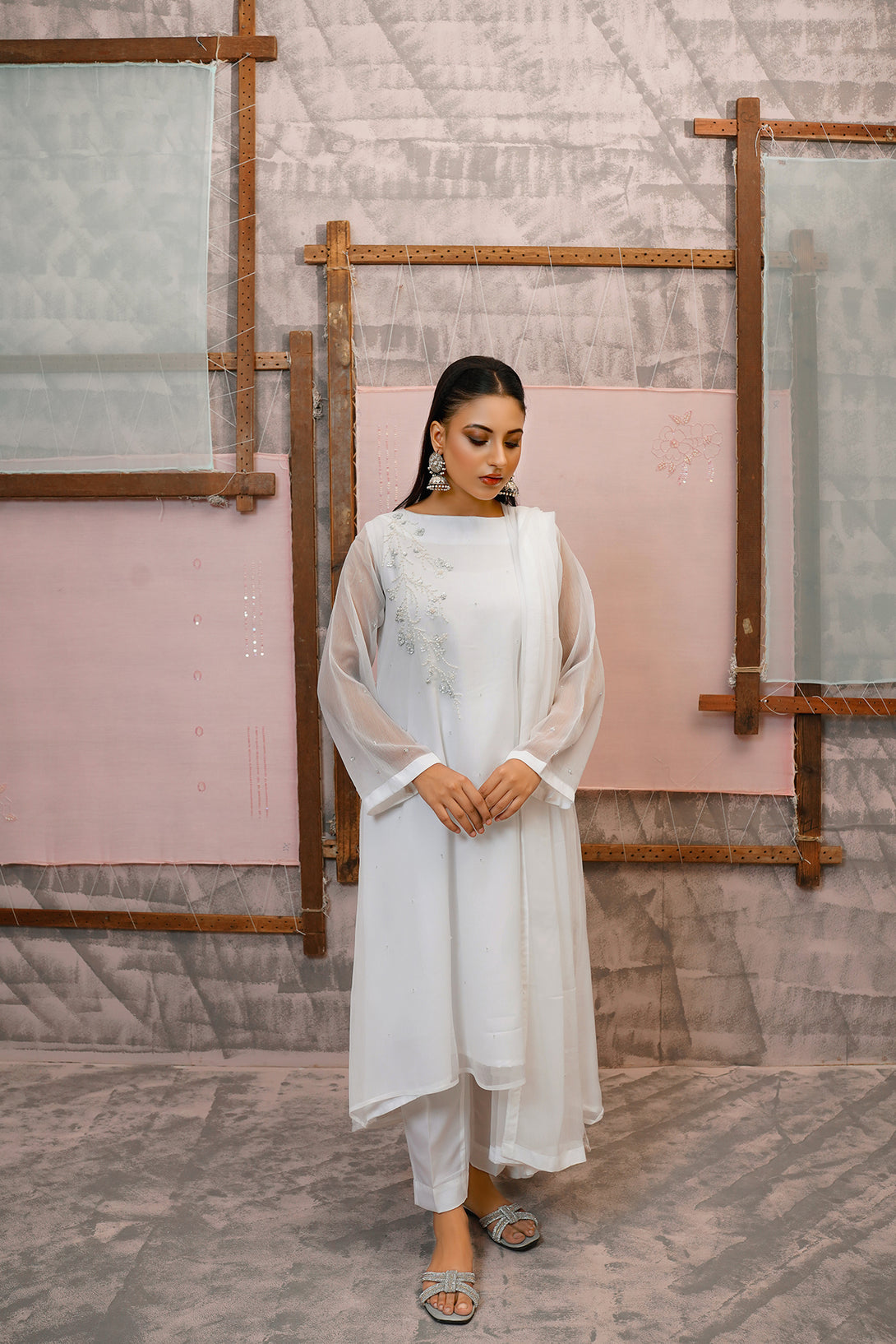 Classic White Embroidered stitched 3-piece - Sheep