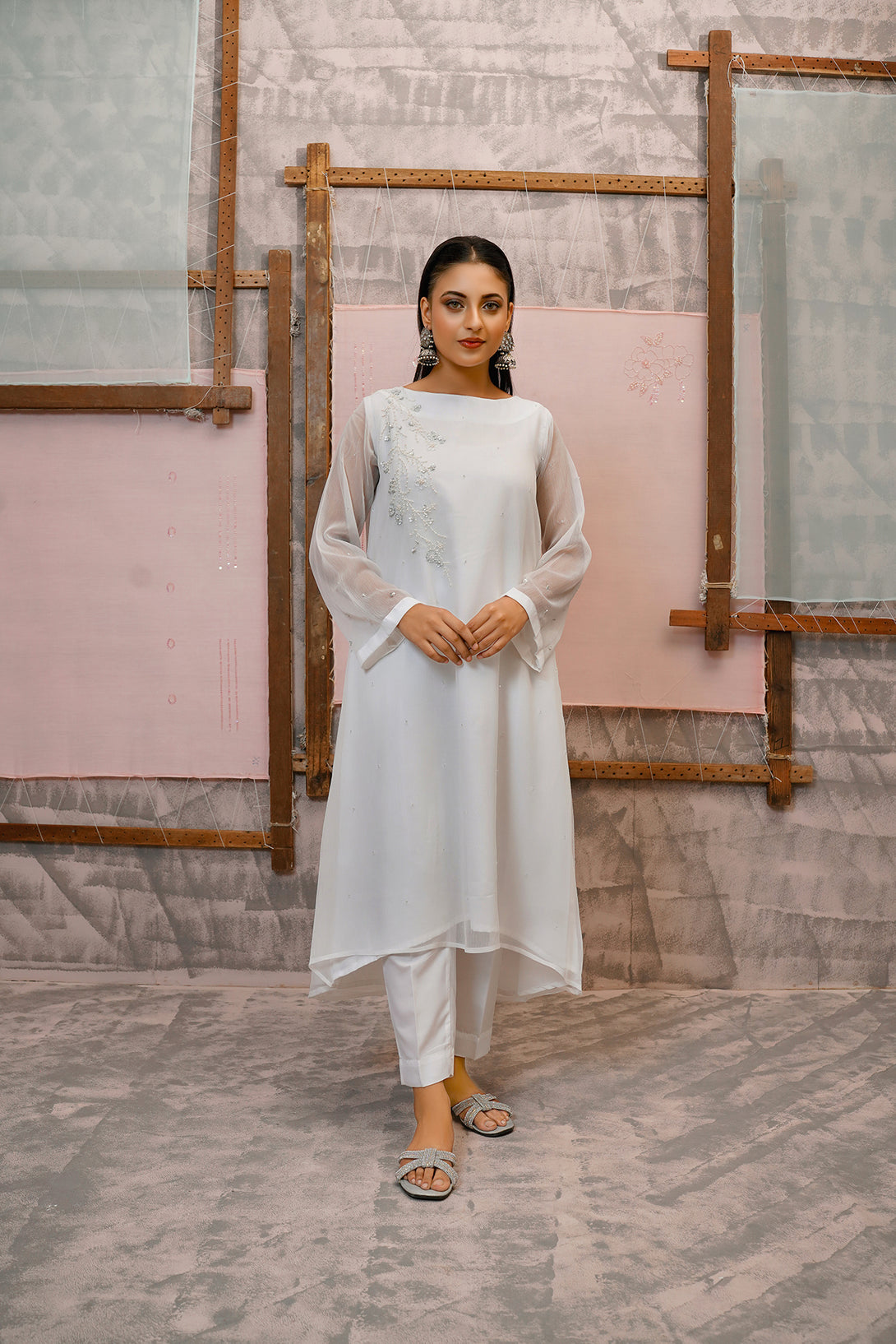 Classic White Embroidered stitched 3-piece - Sheep