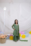 Parakeet Green Embroidered Chiffon Angrakha Frock & Malai Crepe Trouser Set