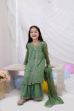 Parakeet Green Embroidered Chiffon Angrakha Frock & Malai Crepe Trouser Set