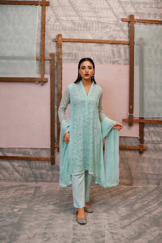 Classic Aqua Blue Embroidered stitched 3-piece