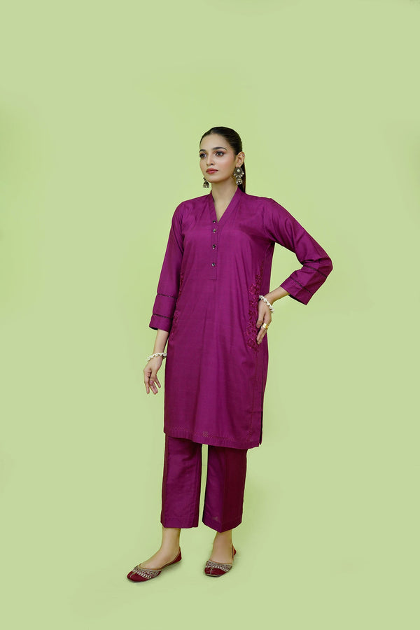 Purple Viscose Embroidered 2-Piece Set Sheep