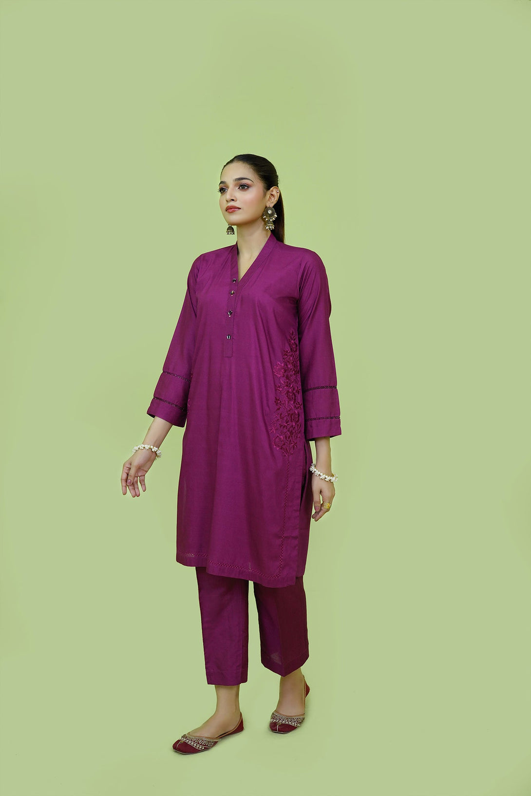 Purple Viscose Embroidered 2-Piece Set Sheep