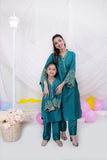 Teal Katan Silk 2-Piece Set: Embroidered Shirt & Straight Pants