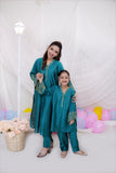 Teal Katan Silk 2-Piece Set: Embroidered Shirt & Straight Pants