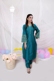 Teal Katan Silk 2-Piece Set: Embroidered Shirt & Straight Pants