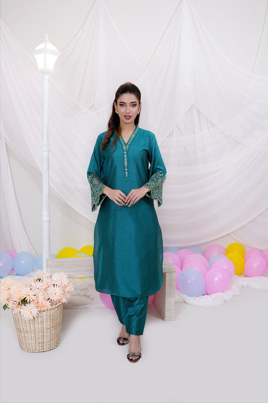 Teal Katan Silk 2-Piece Set: Embroidered Shirt & Straight Pants