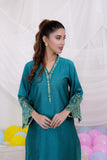 Teal Katan Silk 2-Piece Set: Embroidered Shirt & Straight Pants