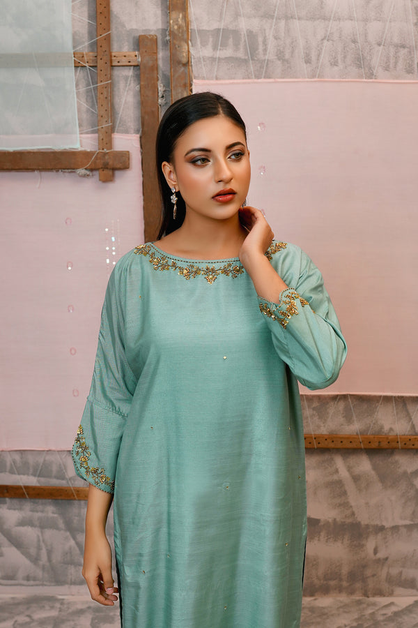 Classic Mint green Hand-Embroidered stitched