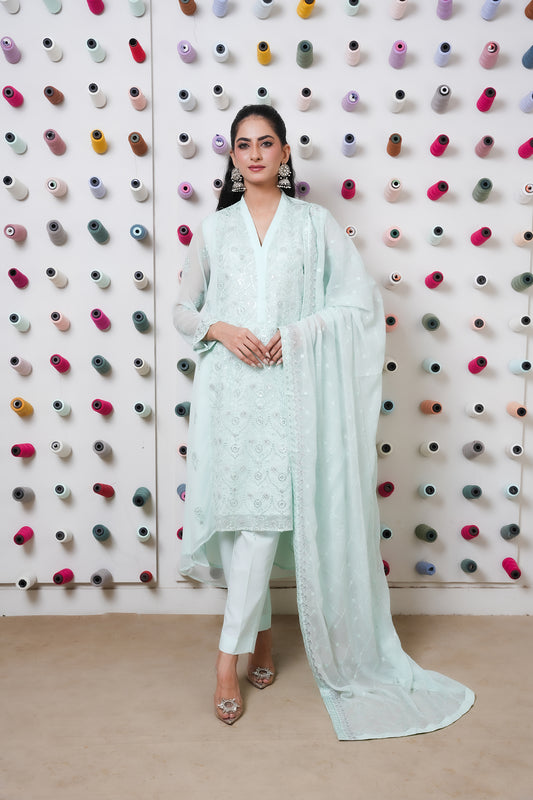 Classic Aqua blue Embroidered stitched 3-piece