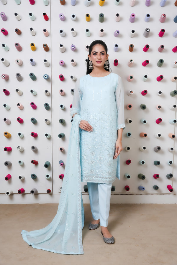 3-Piece Stitched Chic Chambray Blue Embroidered