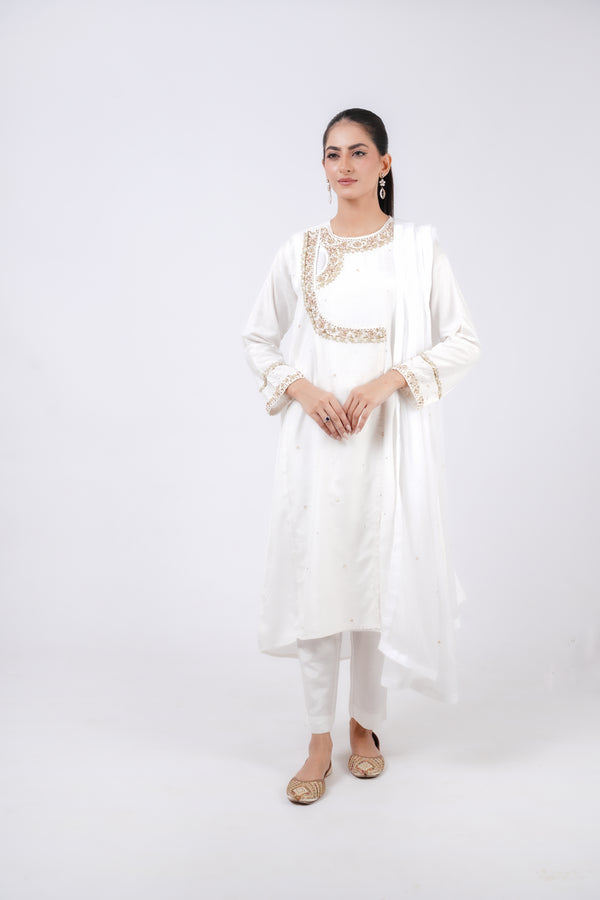 Classic White Embroidered stitched 3-piece