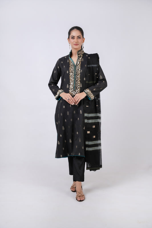 Classic Black Embroidered stitched 3-piece