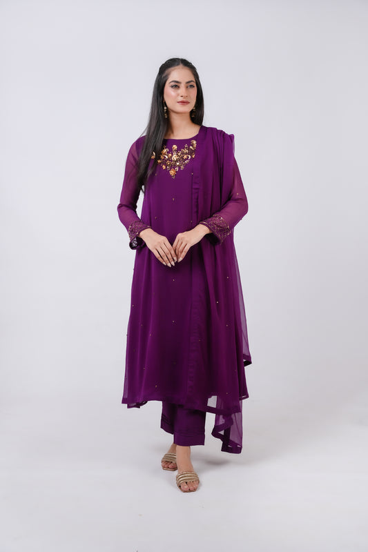 Aegean PURPLE Hand-Embellished Chiffon 3 Piece stitched