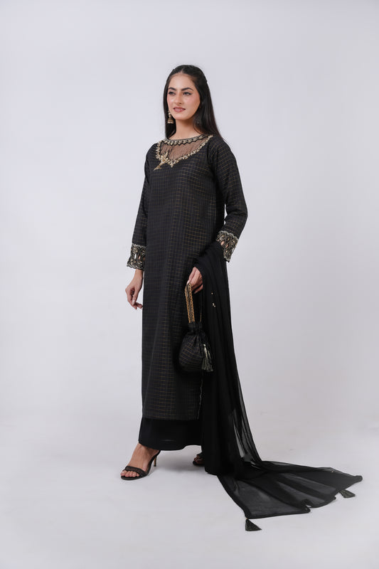 Classic Black Cott Embroidered stitched 3-piece