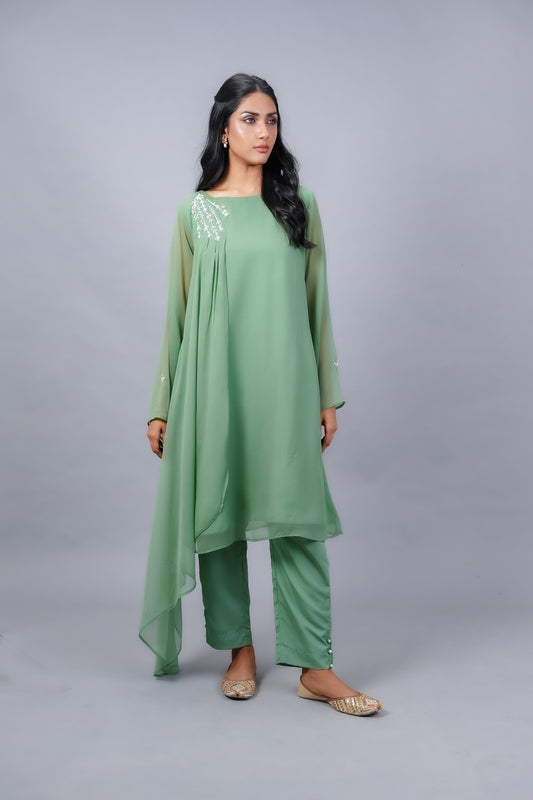 Dhani Green Hand-Embellished Chiffon Outfit