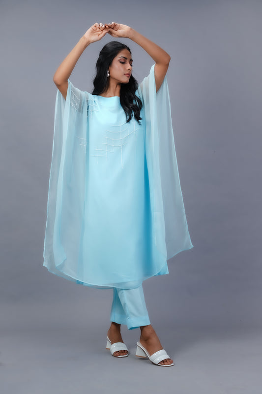 Chambray Blue Hand-Embellished Chiffon Poncho Set