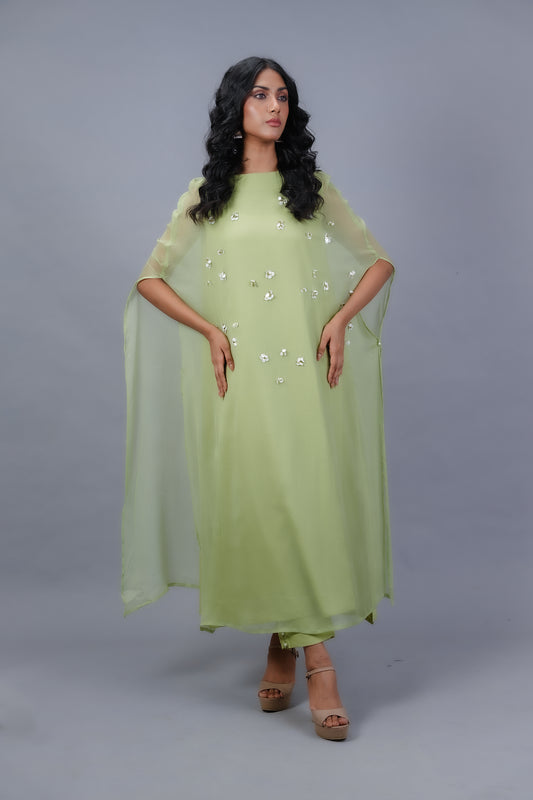 Green Hand-Embellished Chiffon Cape Set