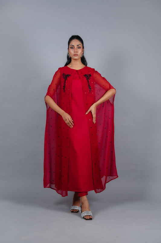 Blood Red Hand Embellished Chiffon Stitched Outfit