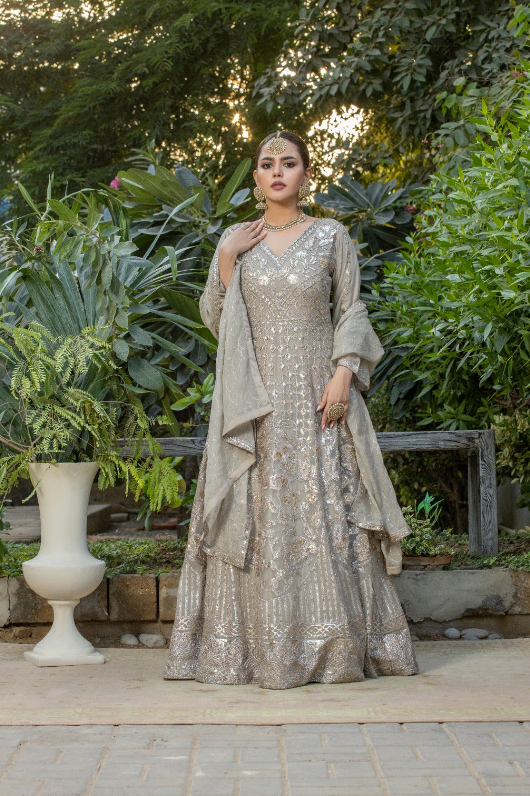 flax Embroider Maxi with pants & dupatta - Sheep