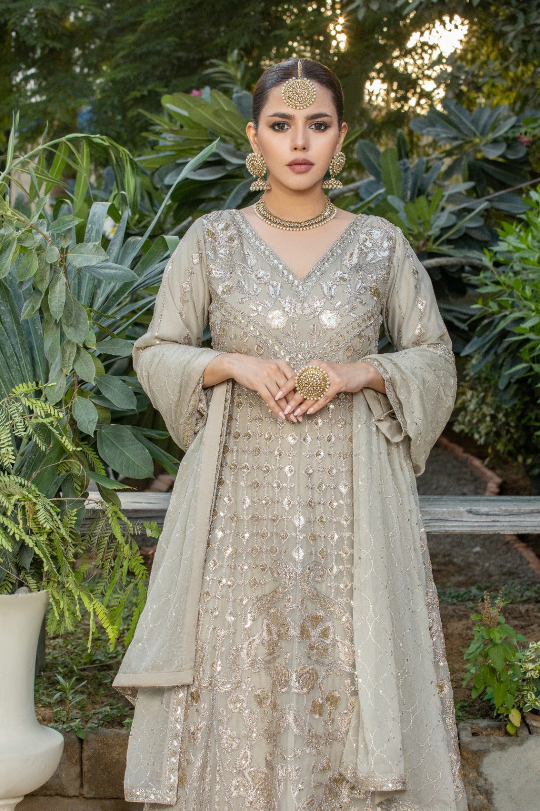 flax Embroider Maxi with pants & dupatta - Sheep