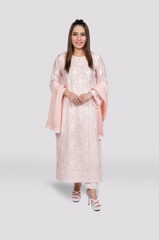 Blush Pink Elegance - Cotton Net Embroidered Ensemble 3-piece stitched