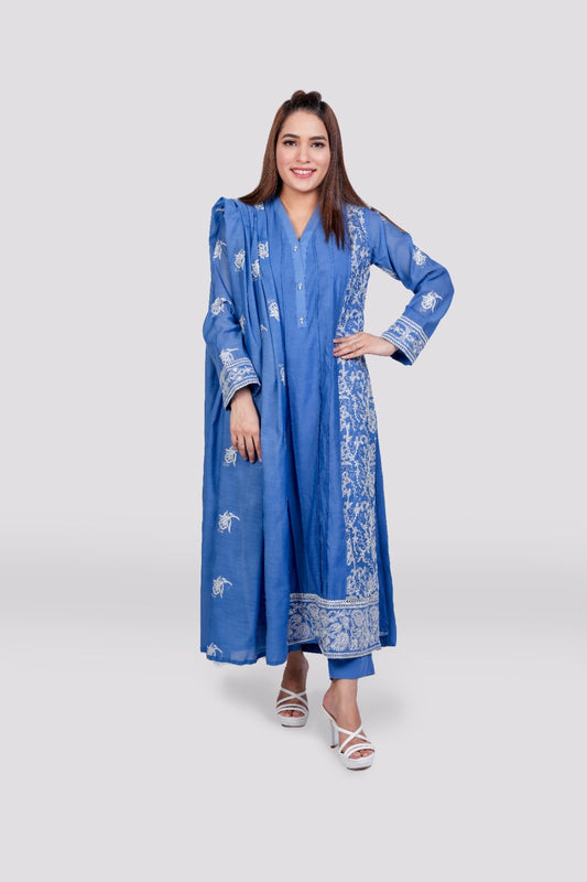 Blue Bliss - Paper Cotton Embroidered Ensemble 3-piece stitched