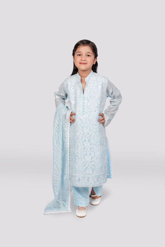 Serene Elegance - Light Blue Cotton Net Ensemble 3-piece stitched