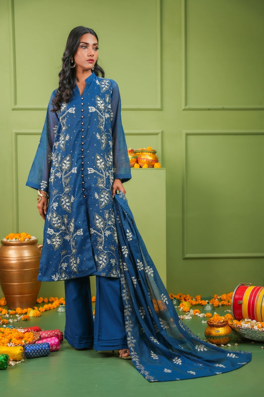 Elegance Personified: Agean Blue Open Gown Cape 3-Piece Stitched