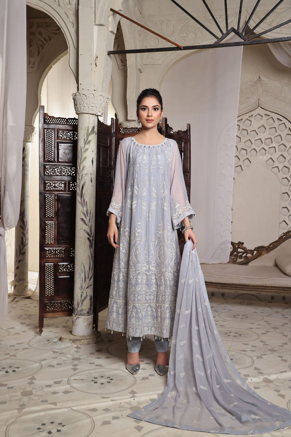Grey Elegance - Embroidered Kalidar Frock