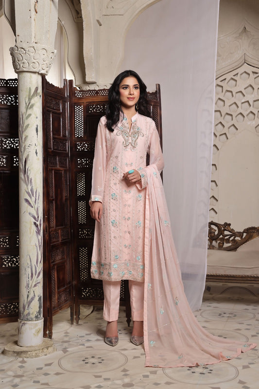 Powder Pink Elegance - Embroidered 3-Piece Stitched