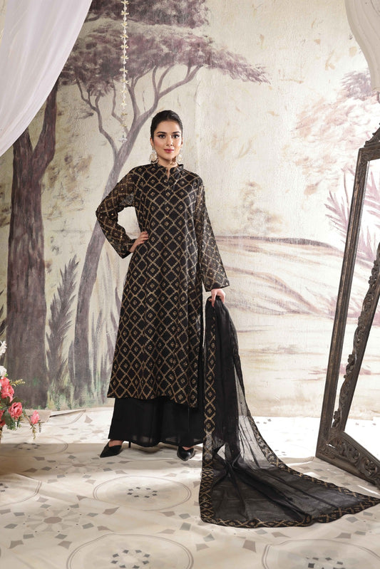 Elegant Noir - Screen Print and Handwork Ensemble 3-Piece Stitched