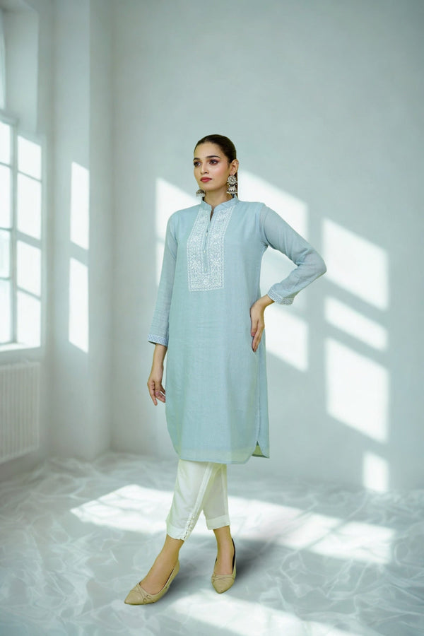 Clasasic Ash Blue Embroidered stitched Sheep