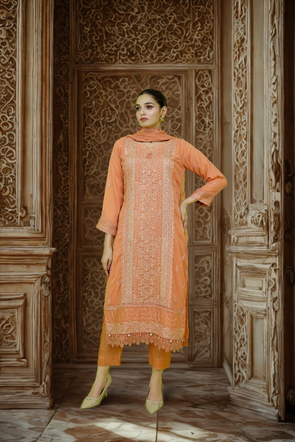 Classic Peach Embroidered stitched 3-piece Sheep