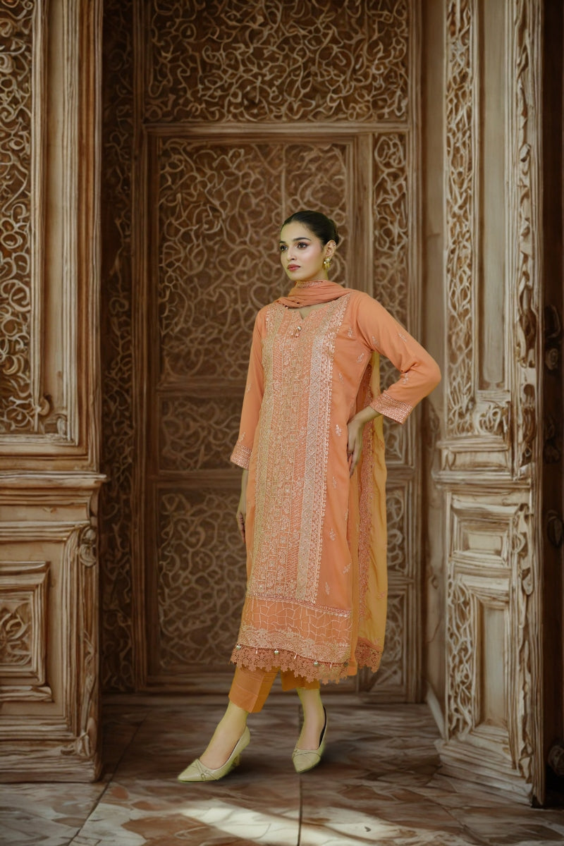 Classic Peach Embroidered stitched 3-piece Sheep