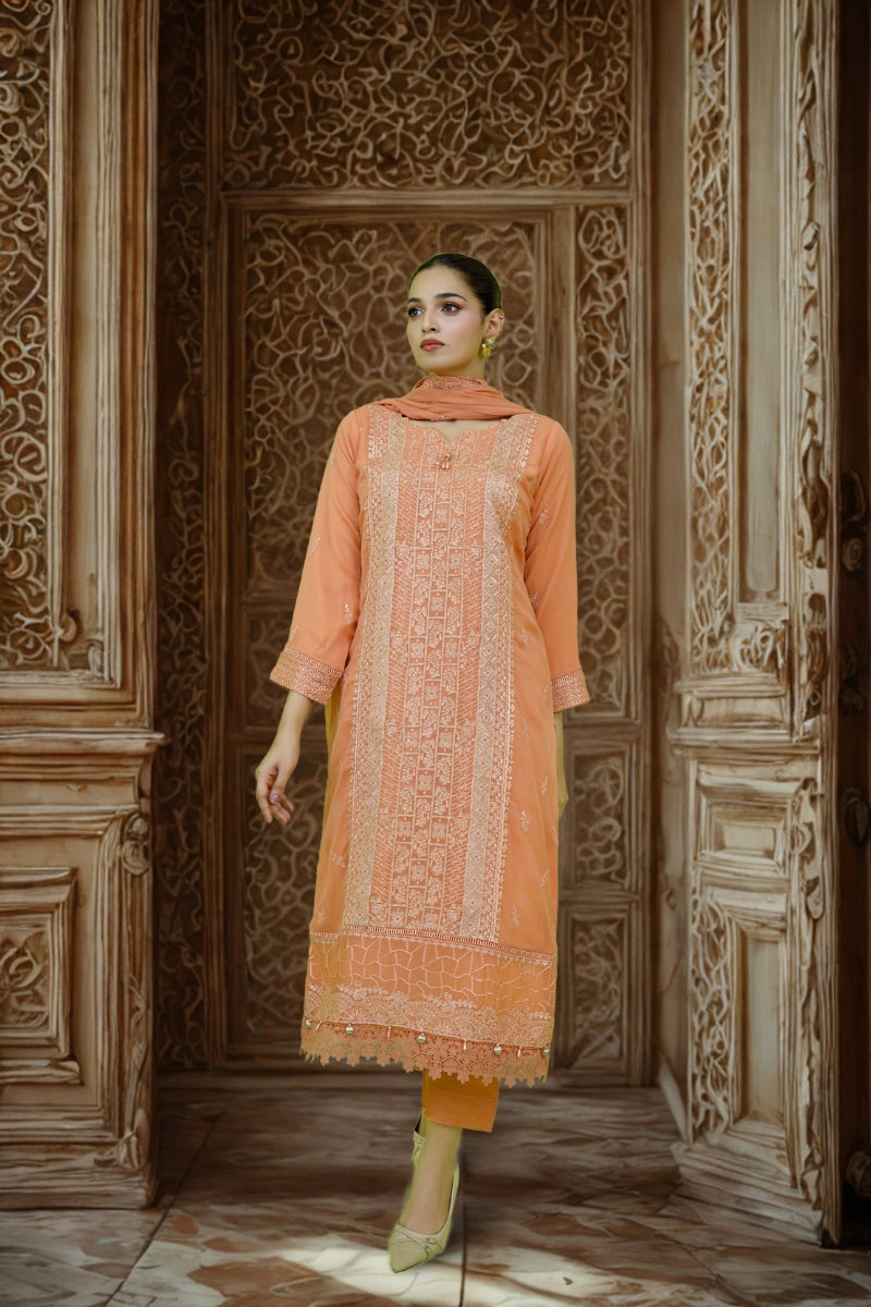 Classic Peach Embroidered stitched 3-piece Sheep