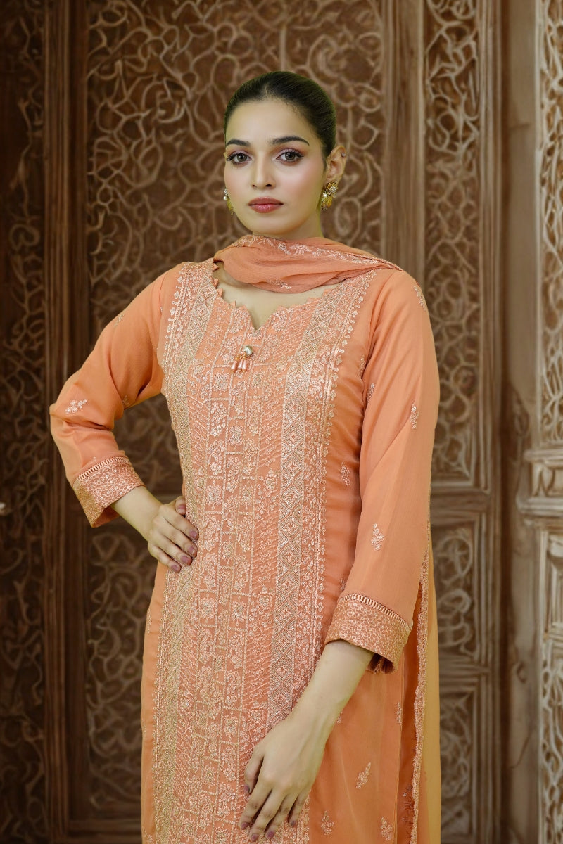 Classic Peach Embroidered stitched 3-piece Sheep