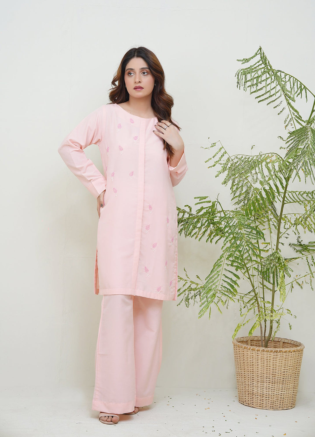 2-Piece Stitched Timeless Pink Embroidered adda Sheep