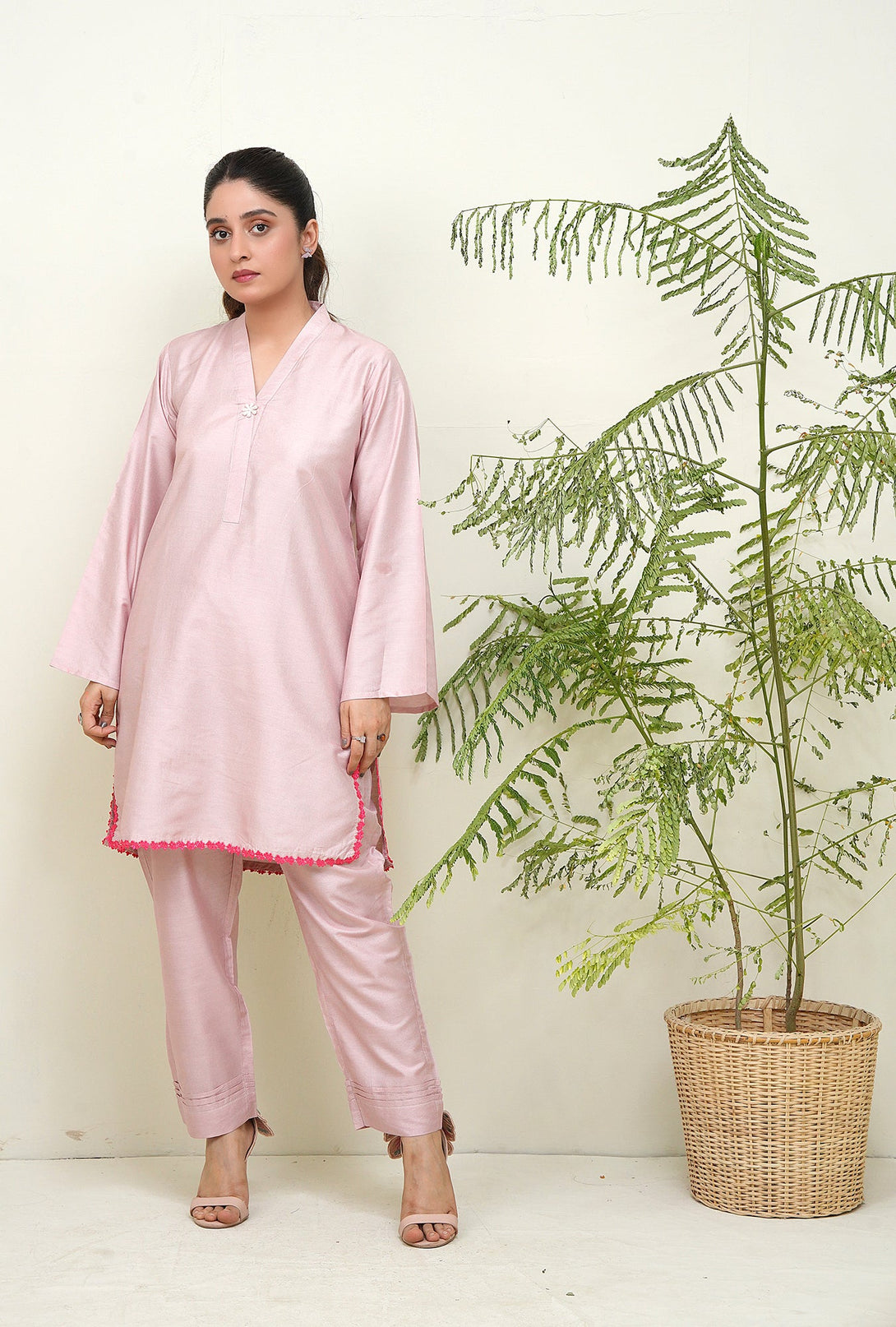 2-Piece Stitched Traditional Tea Pink Hand-Embroidere Sheep