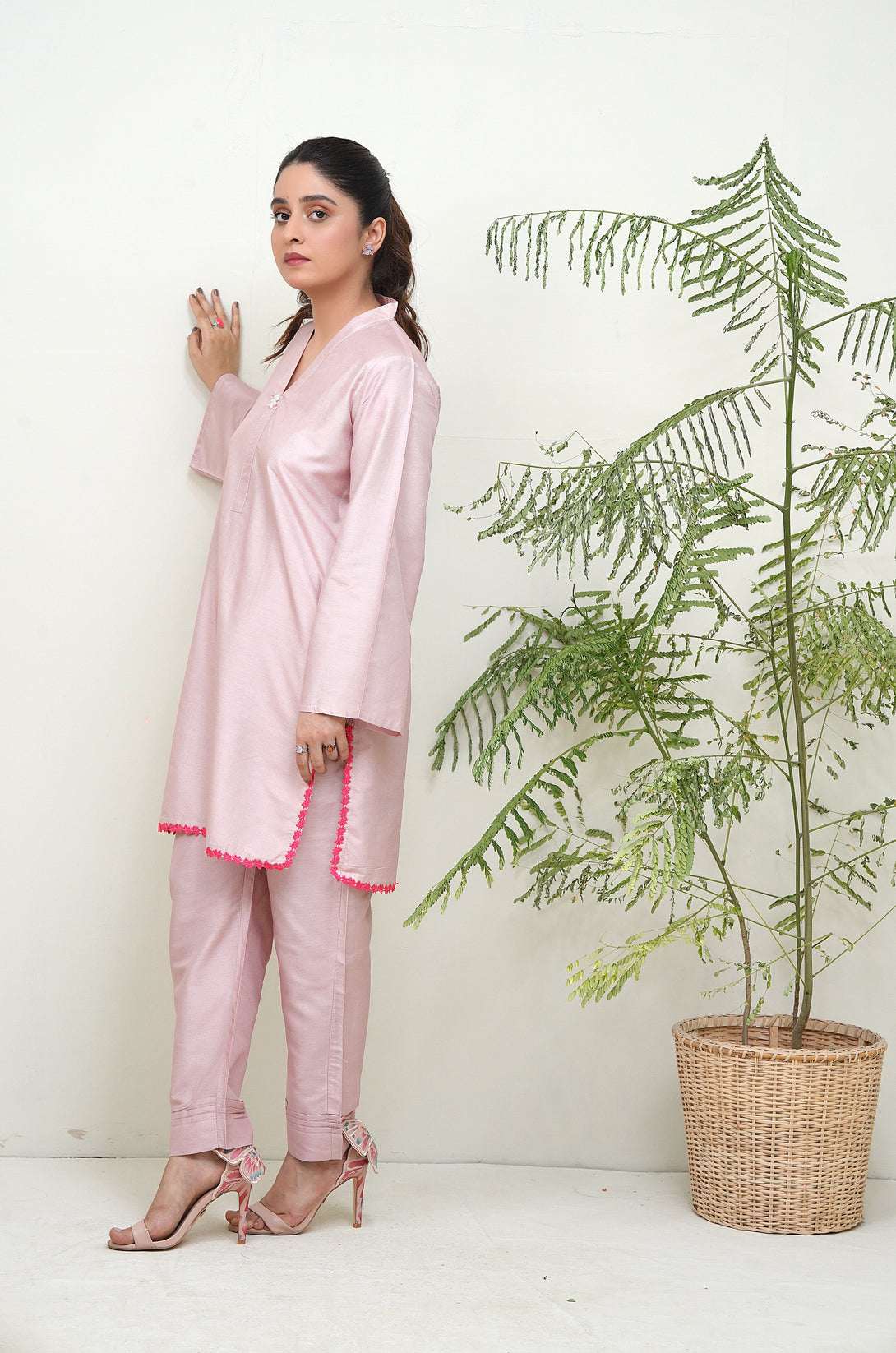 2-Piece Stitched Traditional Tea Pink Hand-Embroidere Sheep