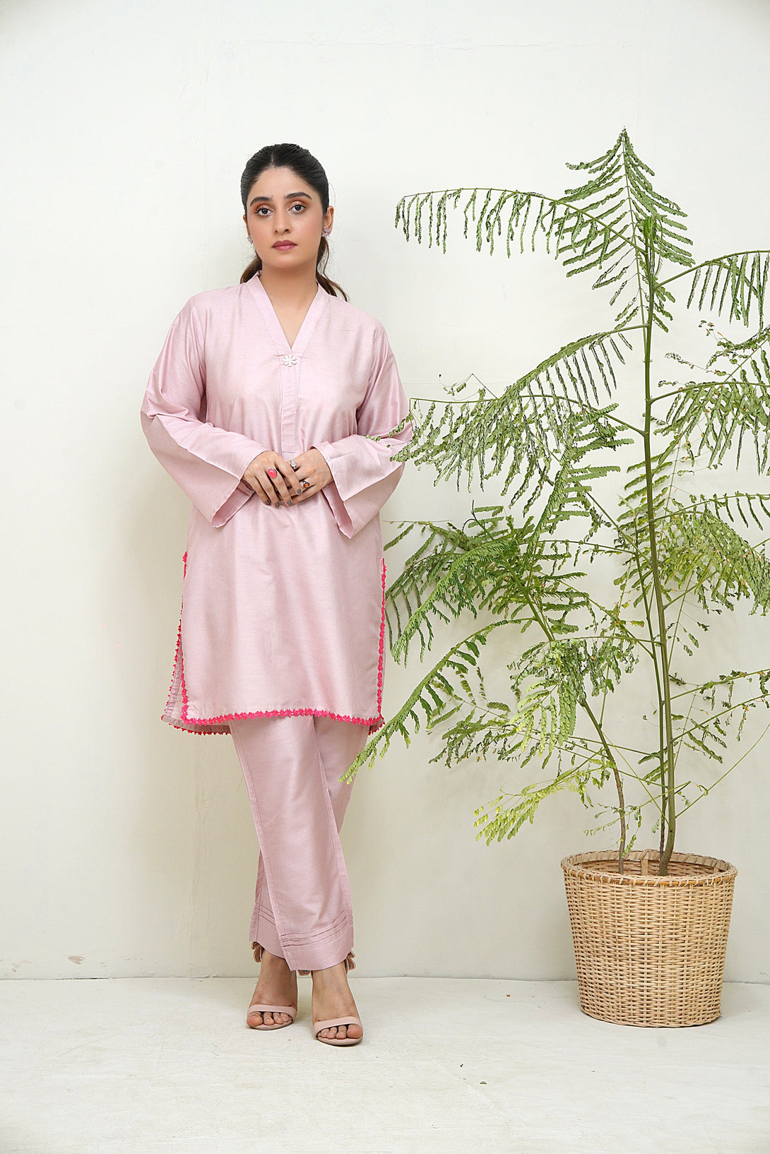 2-Piece Stitched Traditional Tea Pink Hand-Embroidere Sheep
