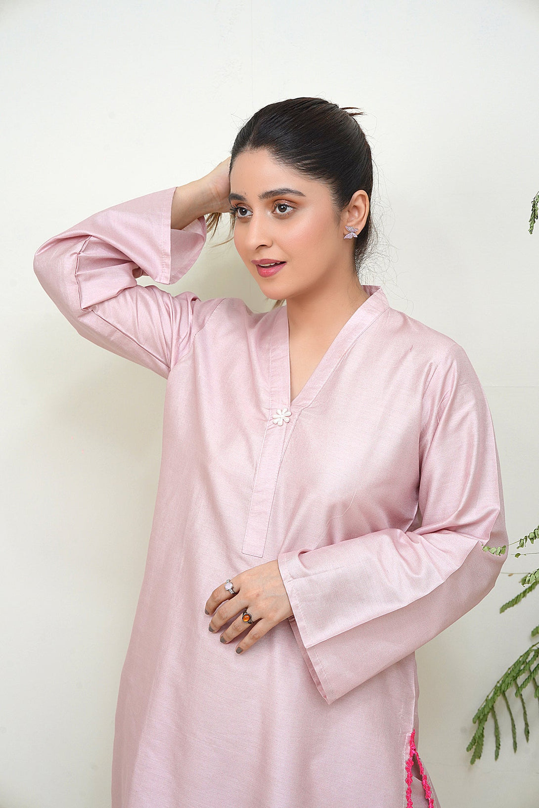 2-Piece Stitched Traditional Tea Pink Hand-Embroidere Sheep