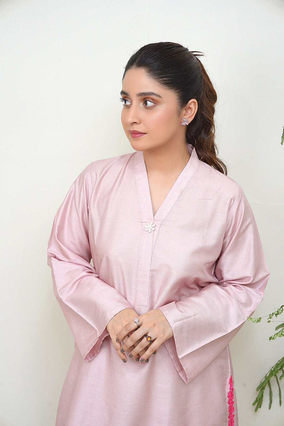 2-Piece Stitched Traditional Tea Pink Hand-Embroidere Sheep