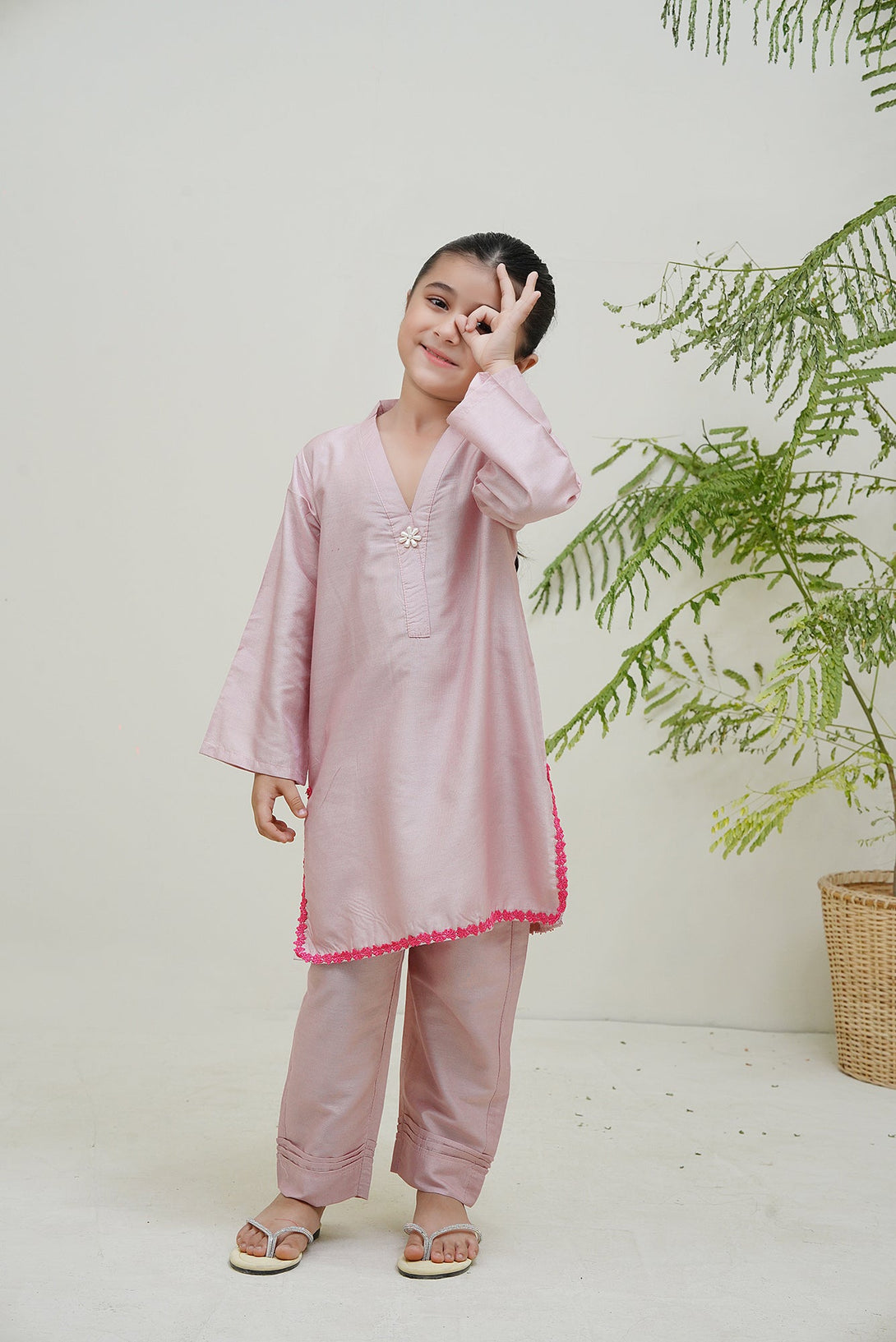 2-Piece Set Pink Embroidered Adda Sheep