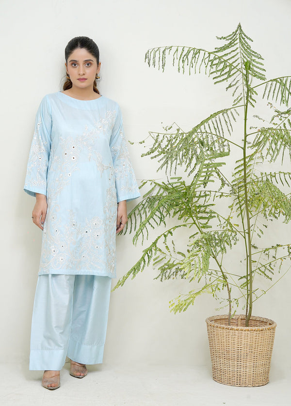 2-Piece Stitched Traditional Chambray Hand-Embroidered Sheep