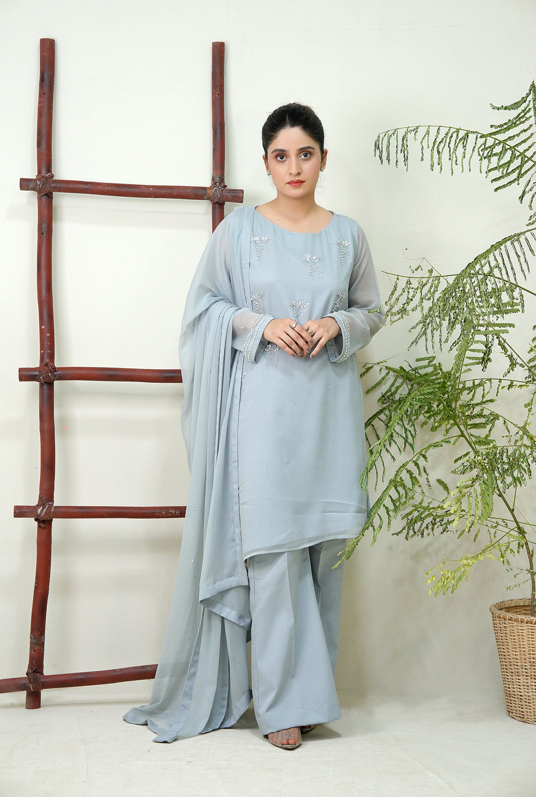 3-Piece Stitched Timeless Gray Hand-Embroidered Sheep