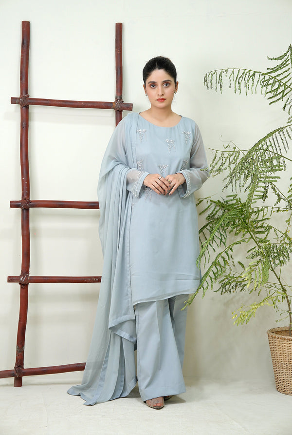 3-Piece Stitched Timeless Gray Hand-Embroidered Sheep