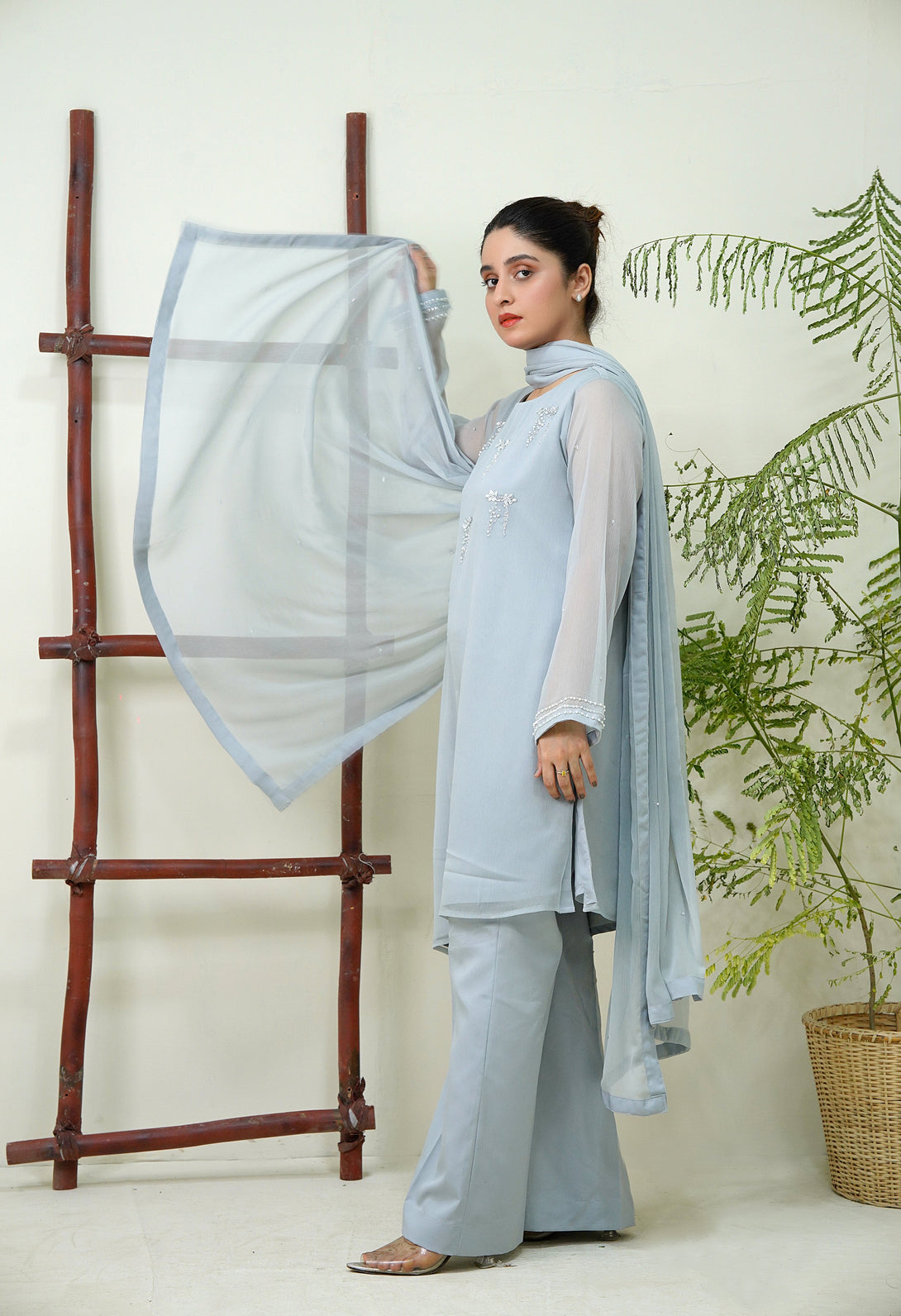 3-Piece Stitched Timeless Gray Hand-Embroidered Sheep