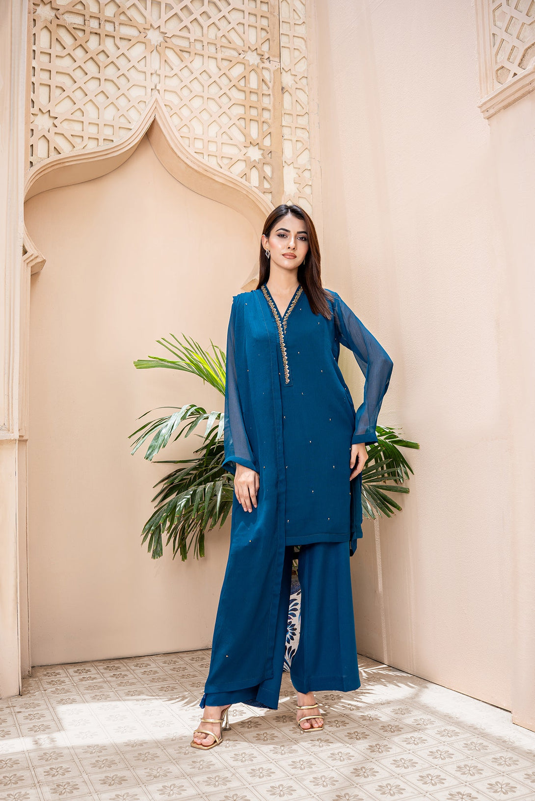 Classic Teal Blue Embroidered stitched 3-piece Sheep